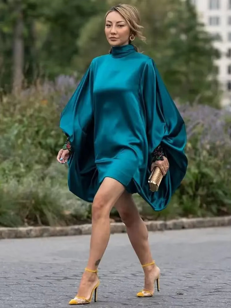 Onecozyday Turtleneck Long Batwing Sleeve Elegant Evening Dress for Women Solid Color Loose Fit above Knee Dress Party Dresses