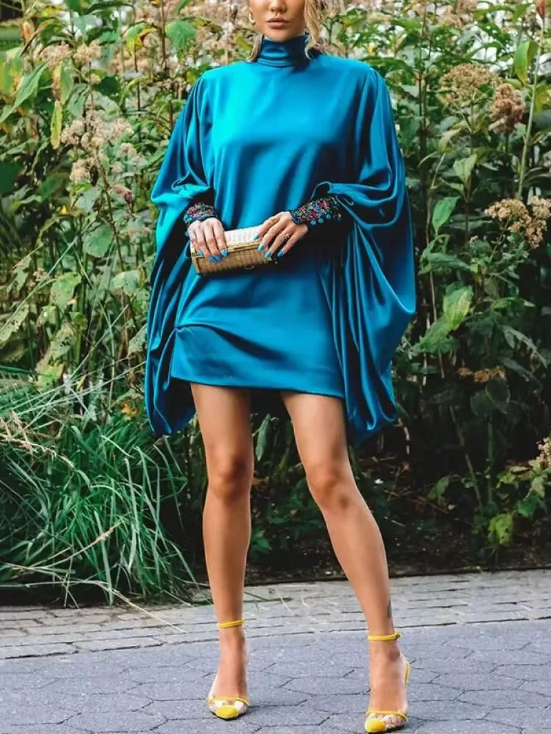 Onecozyday Turtleneck Long Batwing Sleeve Elegant Evening Dress for Women Solid Color Loose Fit above Knee Dress Party Dresses