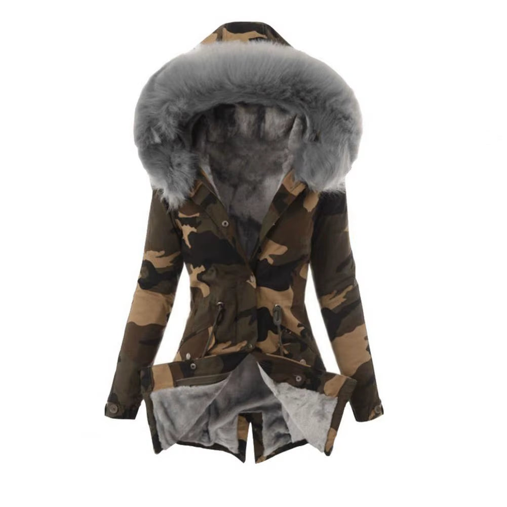 Stay Warm and Stylish: Trendy Thickened Fleece Lined Women’s Camouflage Jacket with Turtleneck and Button Closure