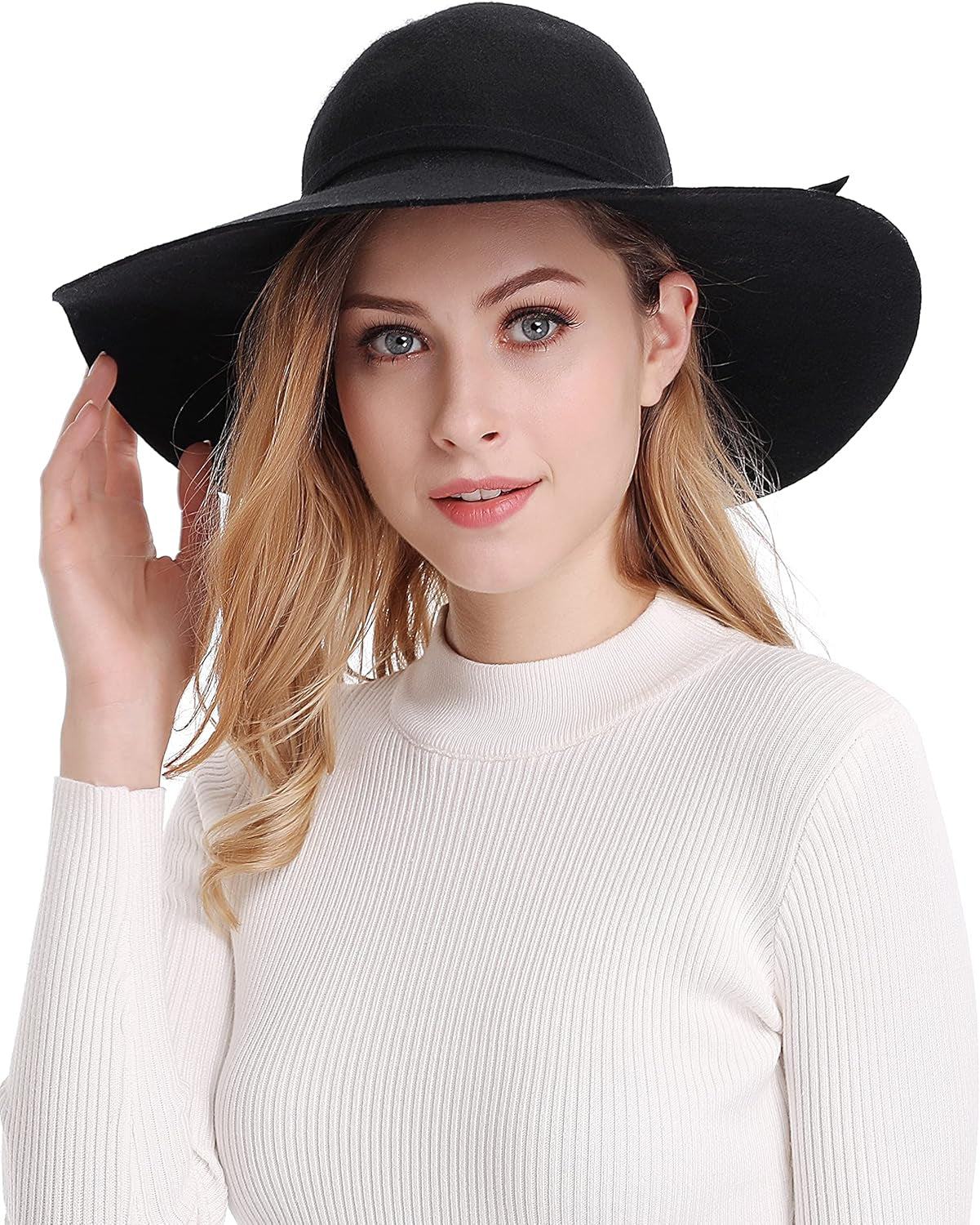 Women'S Wide Brim Wool Ribbon Band Floppy Hat
