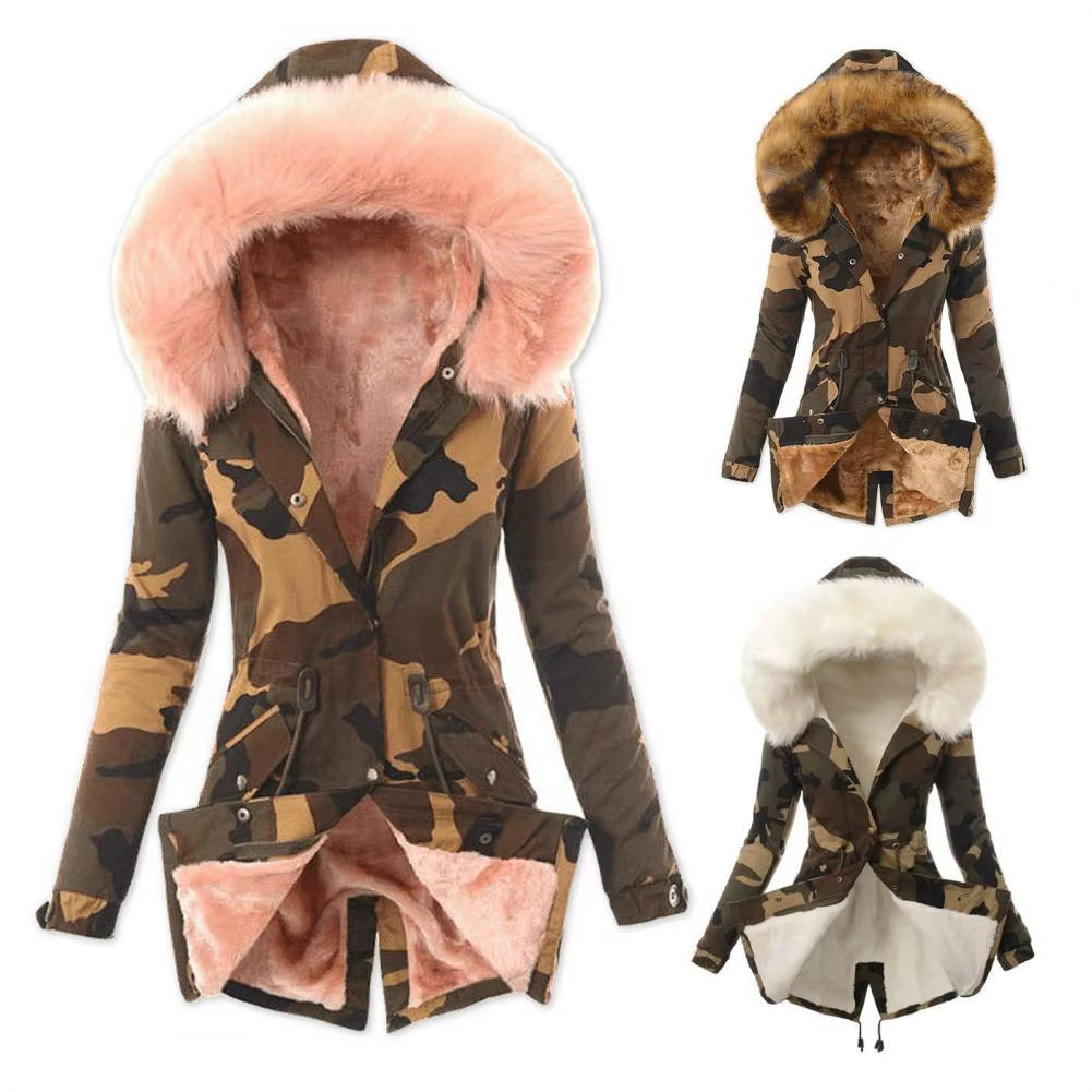 Stay Warm and Stylish: Trendy Thickened Fleece Lined Women’s Camouflage Jacket with Turtleneck and Button Closure