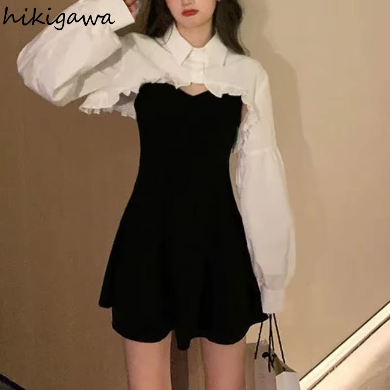Women Clothing Sets Lantern Sleeve Short Loose Shirts with Black Solid 2025 Korean Fashion Women'S Dress Two Piece Suit