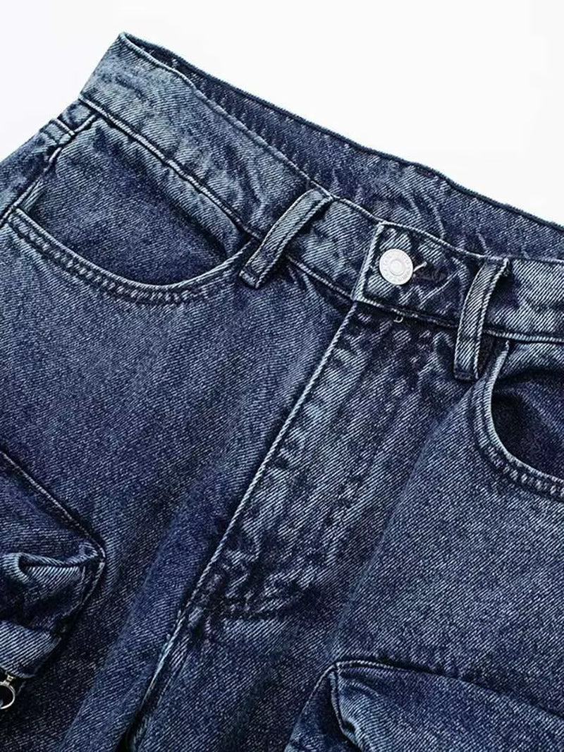 Women'S Jeans High Waist Solid Color Multiple Pockets Straight Wide Leg Cargo Denim Pants 2026 Summer New Fashion 29L6499