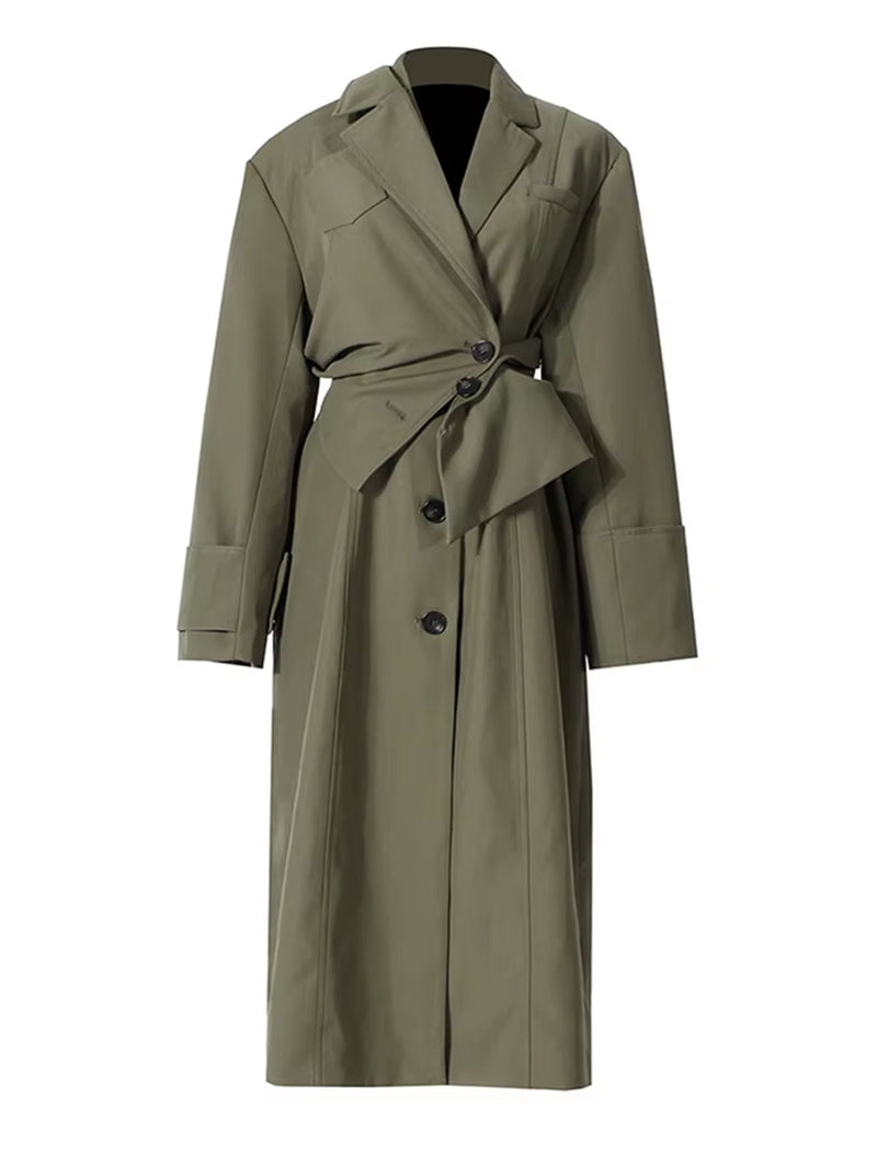 [] Women Green Irregular Big Size Trench New Lapel Long Sleeve Loose Fit Windbreaker Fashion Tide Spring Autumn 2026 1DE2795