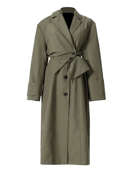 [] Women Green Irregular Big Size Trench New Lapel Long Sleeve Loose Fit Windbreaker Fashion Tide Spring Autumn 2026 1DE2795