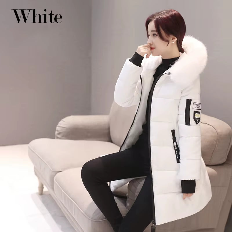 2024 Winter Women Parka Coats Long Cotton Casual Fur Hooded Jackets Thick Warm Slim-Fit Jacket Female Overcoat Clothing