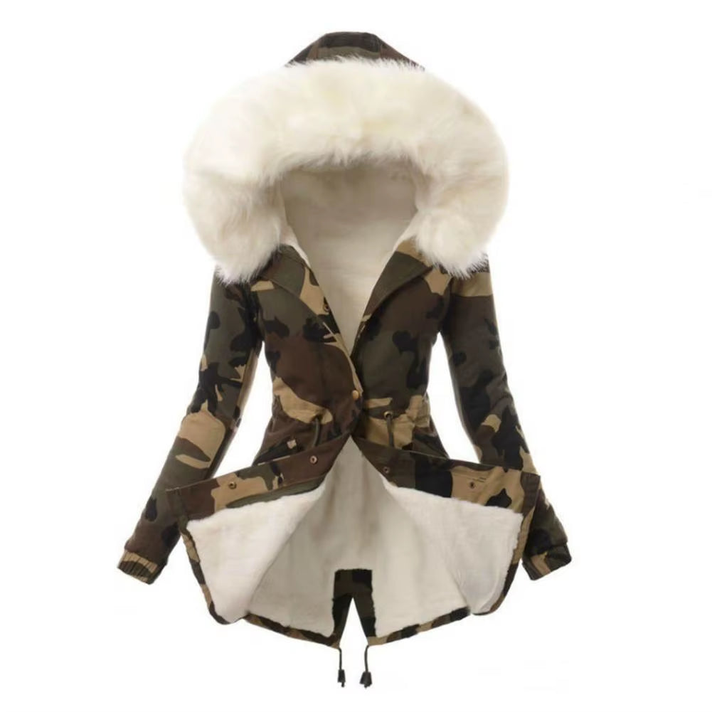 Stay Warm and Stylish: Trendy Thickened Fleece Lined Women’s Camouflage Jacket with Turtleneck and Button Closure