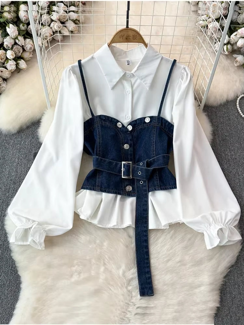 Spring Autumn Women'S Vest Two Piece Set Long Sleeved Waist Lotus Leaf Shirt Two Piece Set Denim Vest Tank Top Women'S Top ML572