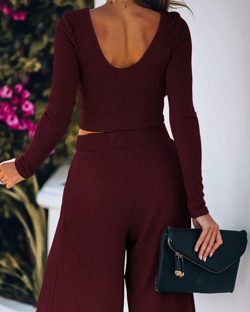 Wide Leg Pant Suits for Women Elegant 2 Piece Solid Outfits Long Sleeve Crop Top High Waist Long Pants with Pockets
