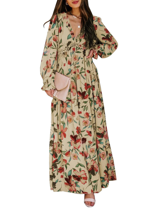 Women'S Apricot Floral Maxi Dresses Casual Deep V Neck Long Sleeve Evening Dress Cocktail Party Dress for Women, US 16-18(XL)