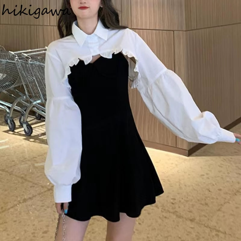 Women Clothing Sets Lantern Sleeve Short Loose Shirts with Black Solid 2025 Korean Fashion Women'S Dress Two Piece Suit