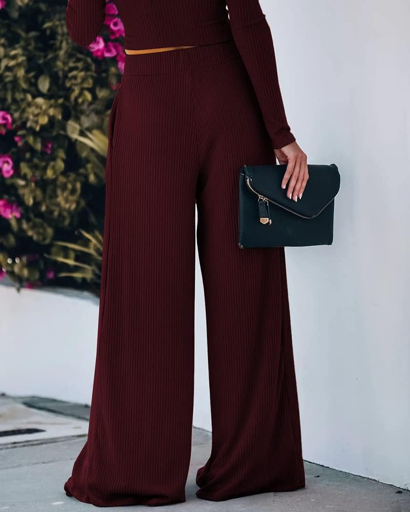 Wide Leg Pant Suits for Women Elegant 2 Piece Solid Outfits Long Sleeve Crop Top High Waist Long Pants with Pockets