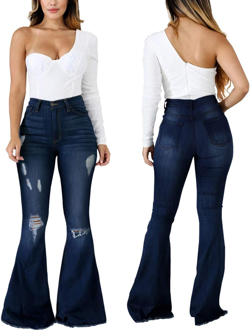 Women Bell Bottom Jeans Elastic Waist Ripped Flared Jean Destroyed Raw Hem Denim Pants