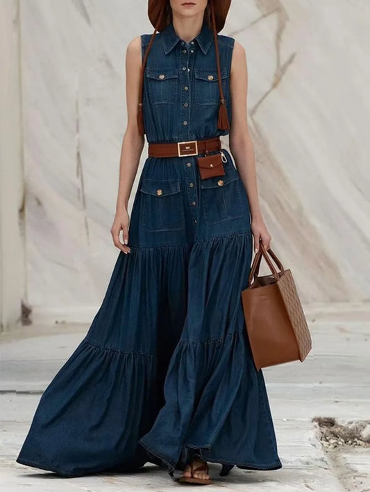 Vintage-Inspired Women's Denim Tank Dress with Pockets - Casual Retro A-Line Style for Summer 2024