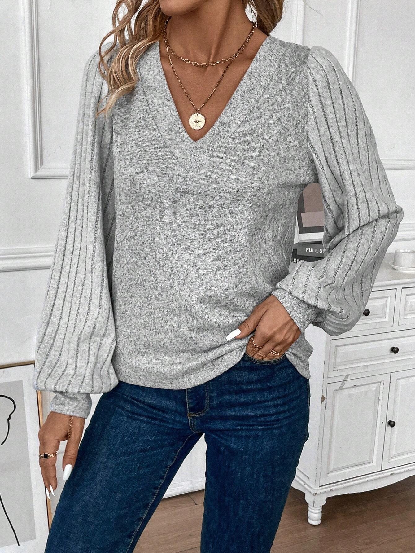 EMERY ROSE Lantern Sleeve V Neck Tee