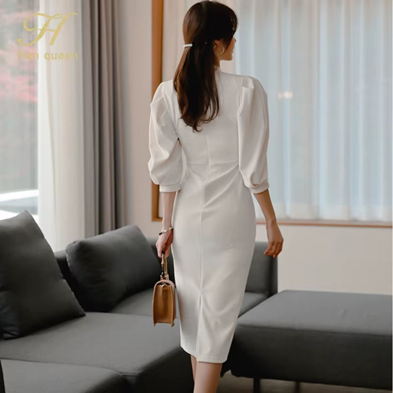 Hot Sale Autumn Fashion Stand Collar Puff Sleeve Female Pencil Bodycon Dress Slim Solid Color Midi Casual Dresses