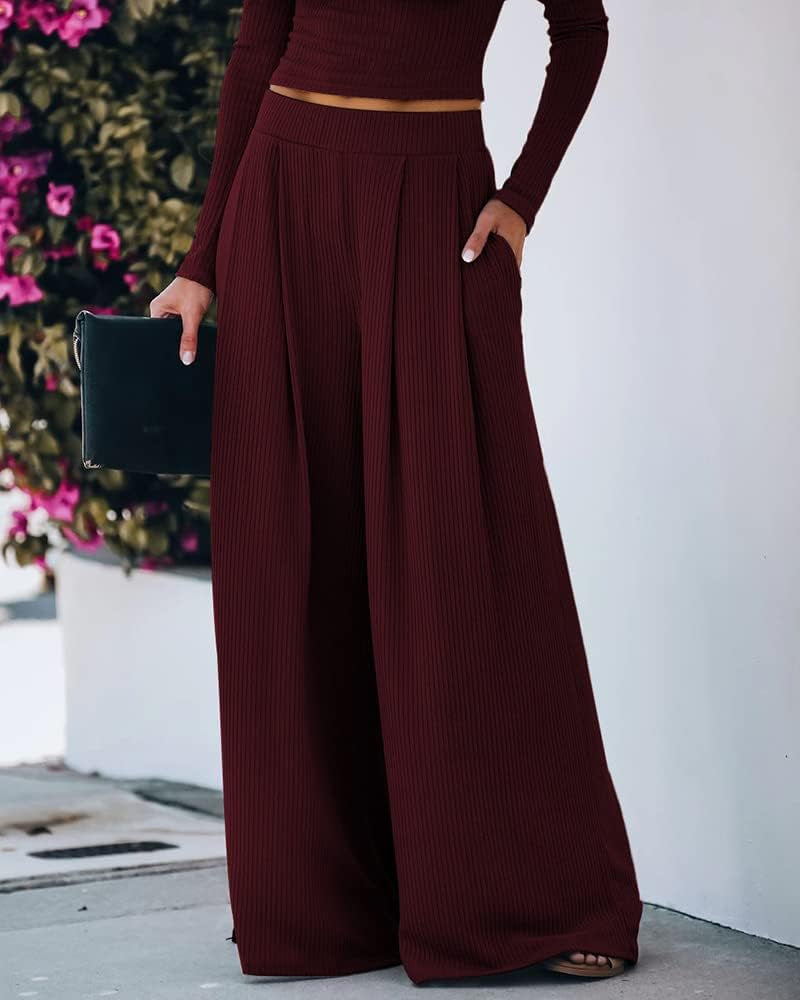 Wide Leg Pant Suits for Women Elegant 2 Piece Solid Outfits Long Sleeve Crop Top High Waist Long Pants with Pockets