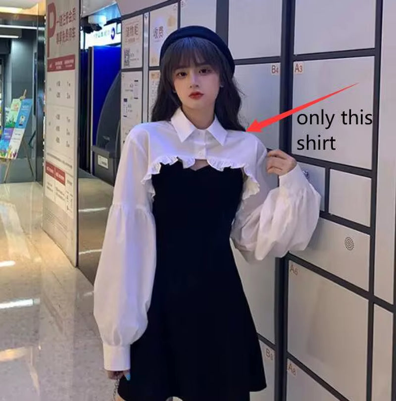 Women Clothing Sets Lantern Sleeve Short Loose Shirts with Black Solid 2025 Korean Fashion Women'S Dress Two Piece Suit