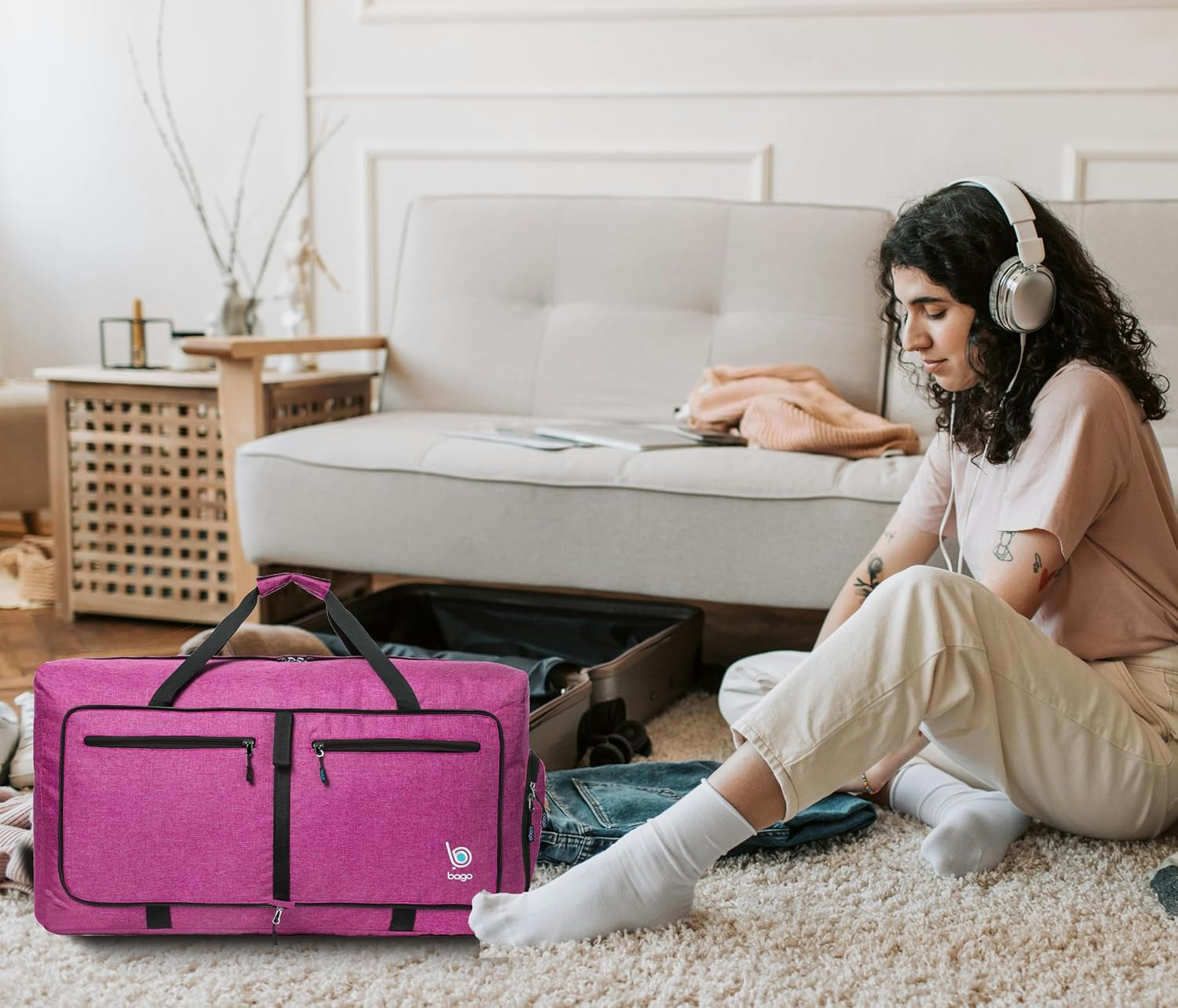 Large Foldable Duffel Bags for Traveling Women & Men - 80L Packable Duffle Bag for Travel with Shoe Compartment - Water Repellant, Heavy Duty, Lightweight Folding & Collapsible (Snowpink)