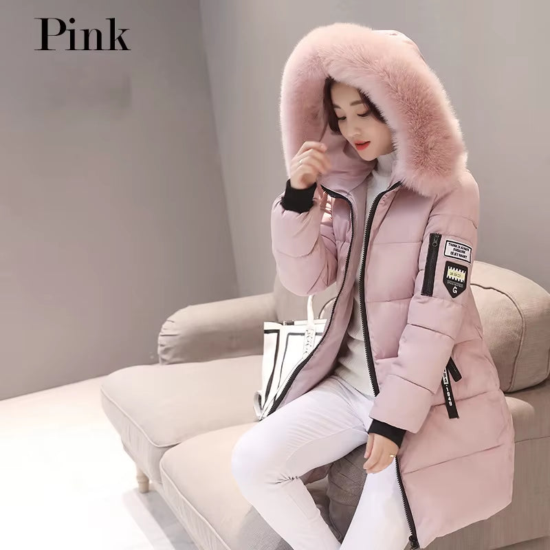 2024 Winter Women Parka Coats Long Cotton Casual Fur Hooded Jackets Thick Warm Slim-Fit Jacket Female Overcoat Clothing