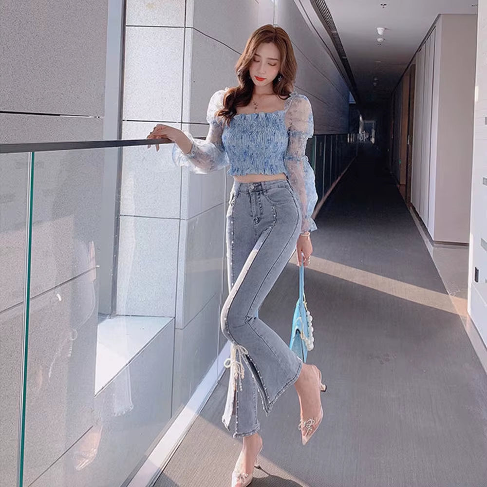 Korean Spring Autumn Sweet High Waist Split Denim Pants Women Elegant Chic Beading Bowknot Boot Cut Pants Vintage Fairy Jeans
