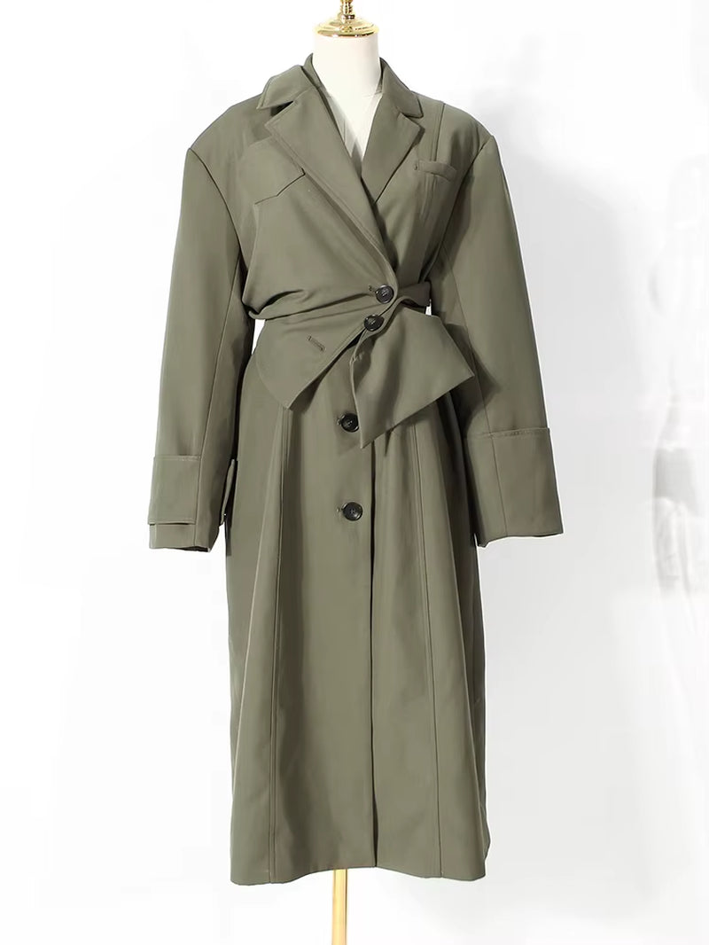 [] Women Green Irregular Big Size Trench New Lapel Long Sleeve Loose Fit Windbreaker Fashion Tide Spring Autumn 2026 1DE2795
