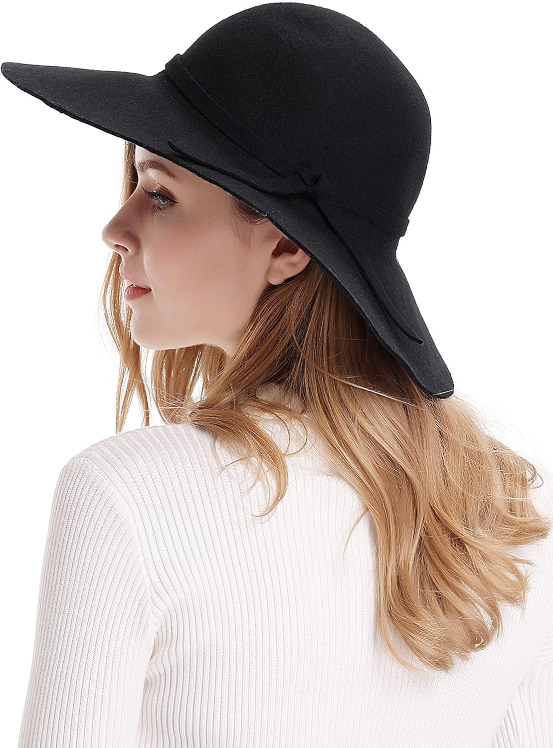 Women'S Wide Brim Wool Ribbon Band Floppy Hat