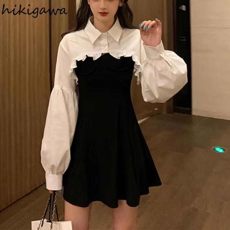 Women Clothing Sets Lantern Sleeve Short Loose Shirts with Black Solid 2025 Korean Fashion Women'S Dress Two Piece Suit