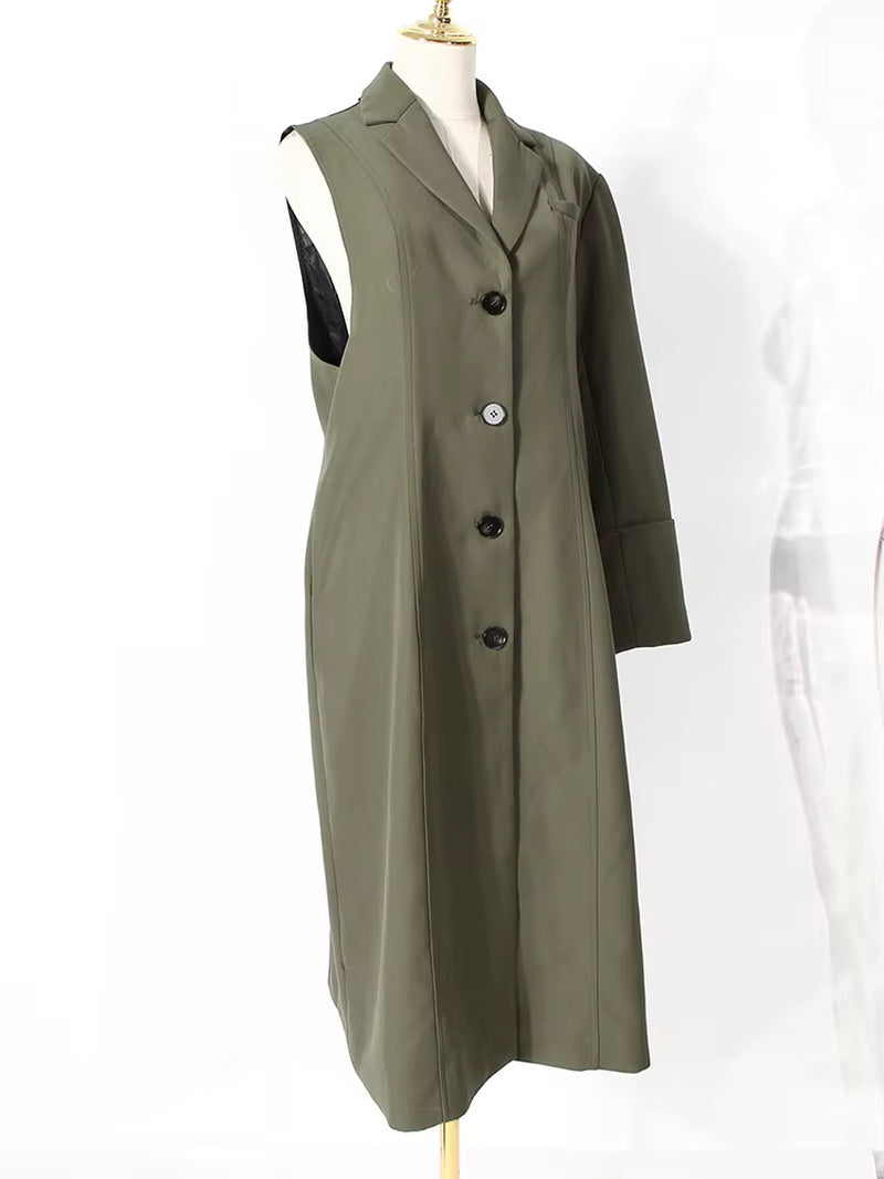 [] Women Green Irregular Big Size Trench New Lapel Long Sleeve Loose Fit Windbreaker Fashion Tide Spring Autumn 2026 1DE2795