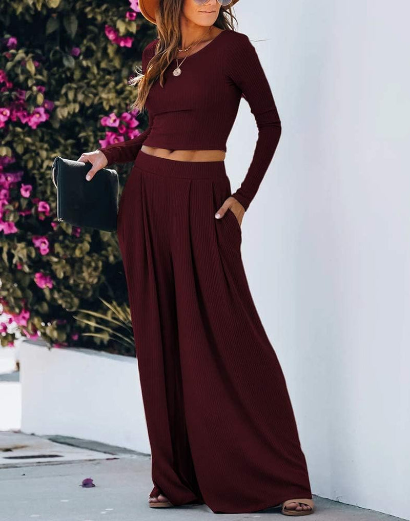 Wide Leg Pant Suits for Women Elegant 2 Piece Solid Outfits Long Sleeve Crop Top High Waist Long Pants with Pockets