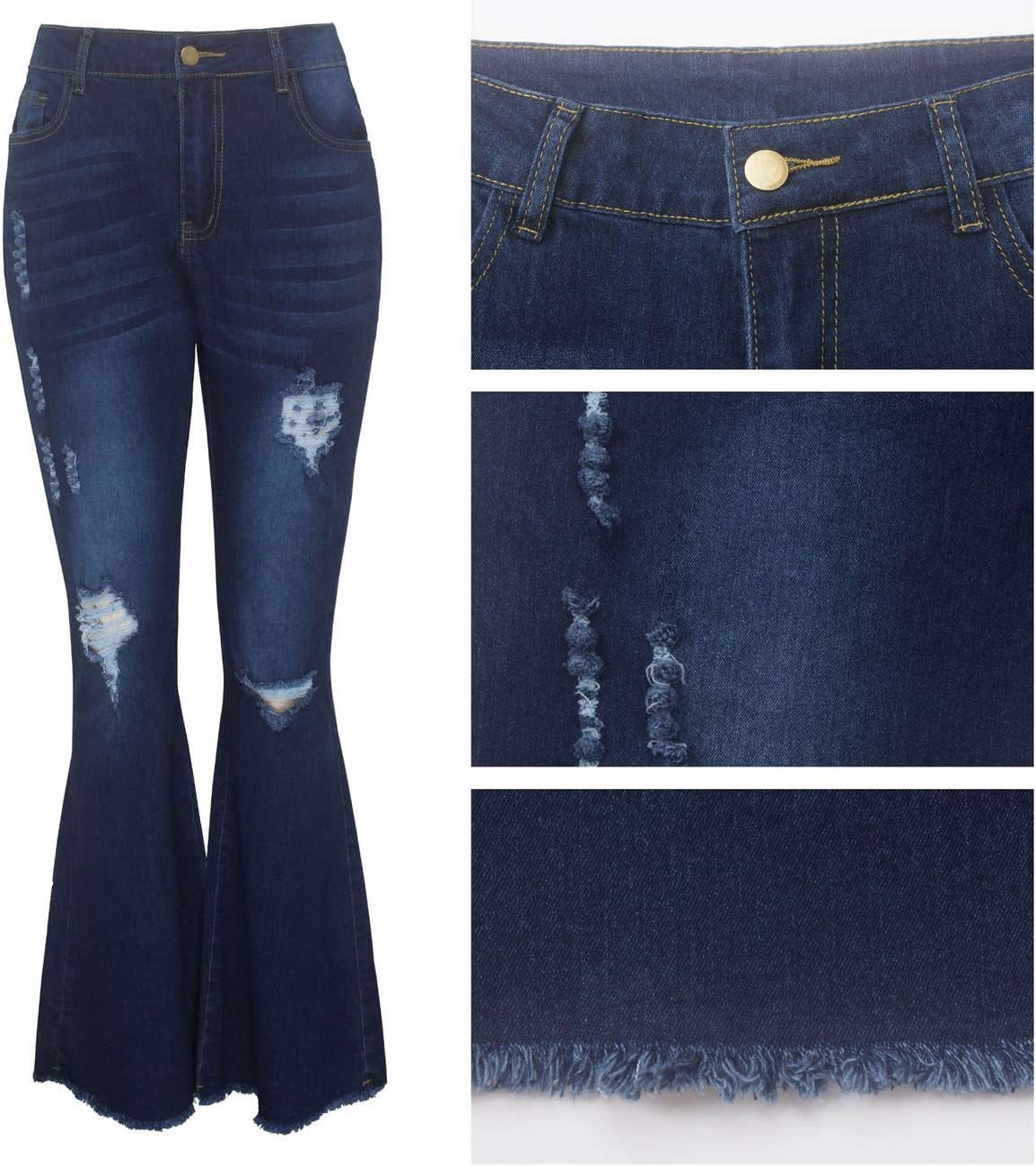 Women Bell Bottom Jeans Elastic Waist Ripped Flared Jean Destroyed Raw Hem Denim Pants