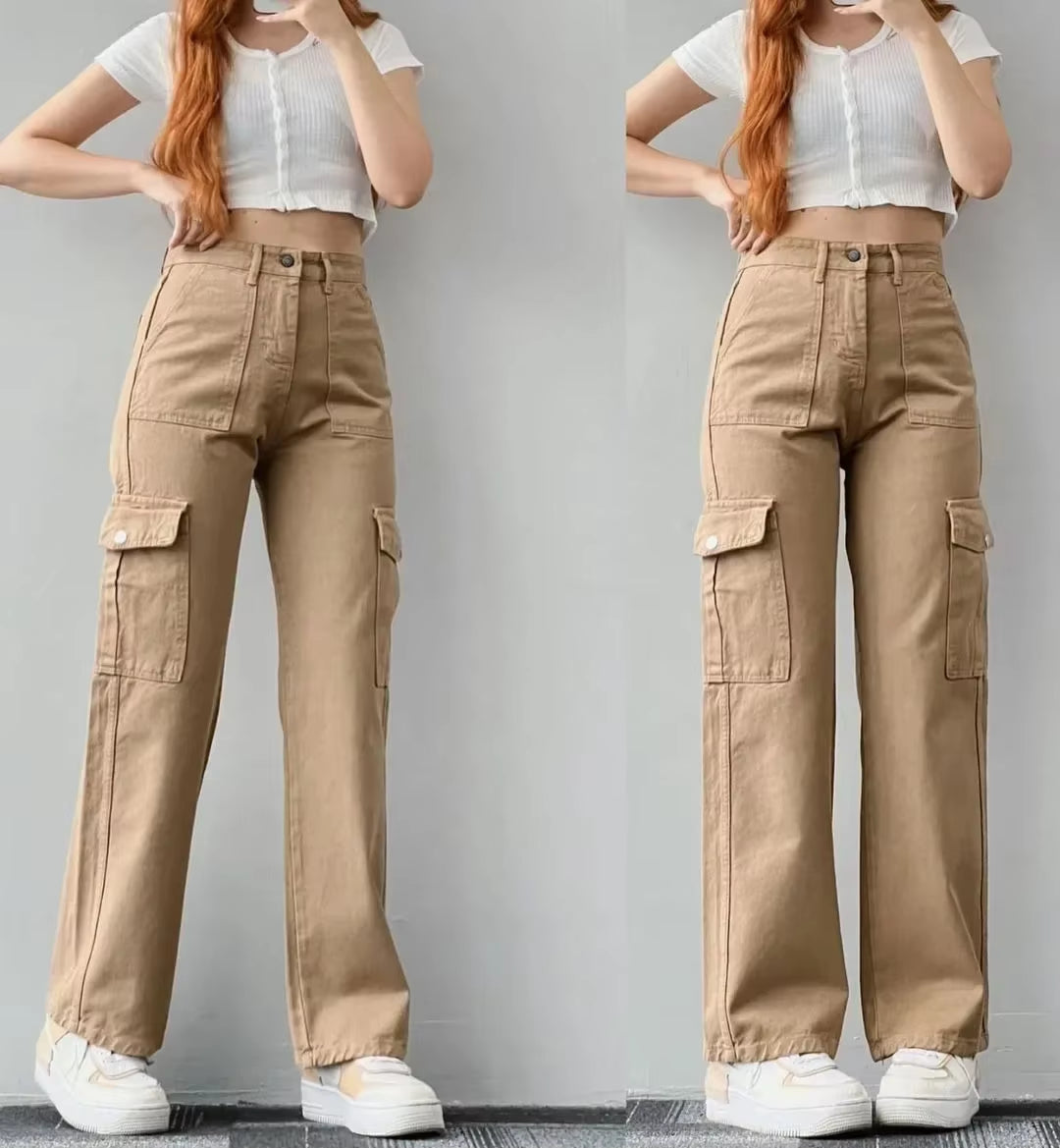 Women Pants Wide Leg Pants Zipper Fly Slim Fit Flat High Streetwear Pockets Mid Waist Autumn 2024 Ankle Length Solid Color