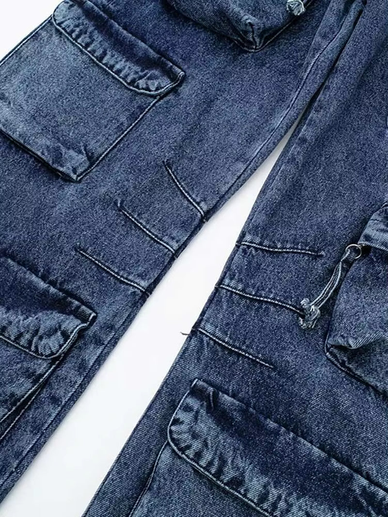 Women'S Jeans High Waist Solid Color Multiple Pockets Straight Wide Leg Cargo Denim Pants 2026 Summer New Fashion 29L6499