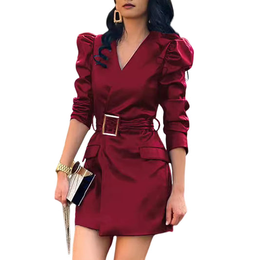 Fashion Dresses Women Lace Long Sleeve Zipper Pocket Large Hem Faux Leather Mini Dress Party Elegant Slim Sexy Women Dress