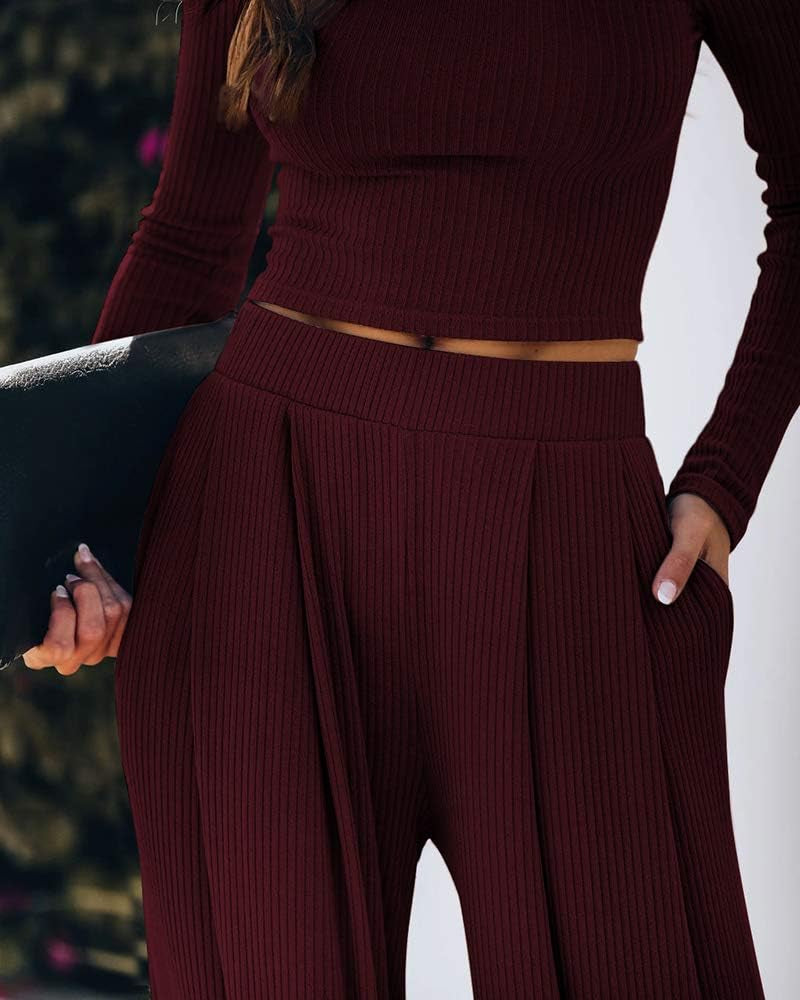 Wide Leg Pant Suits for Women Elegant 2 Piece Solid Outfits Long Sleeve Crop Top High Waist Long Pants with Pockets