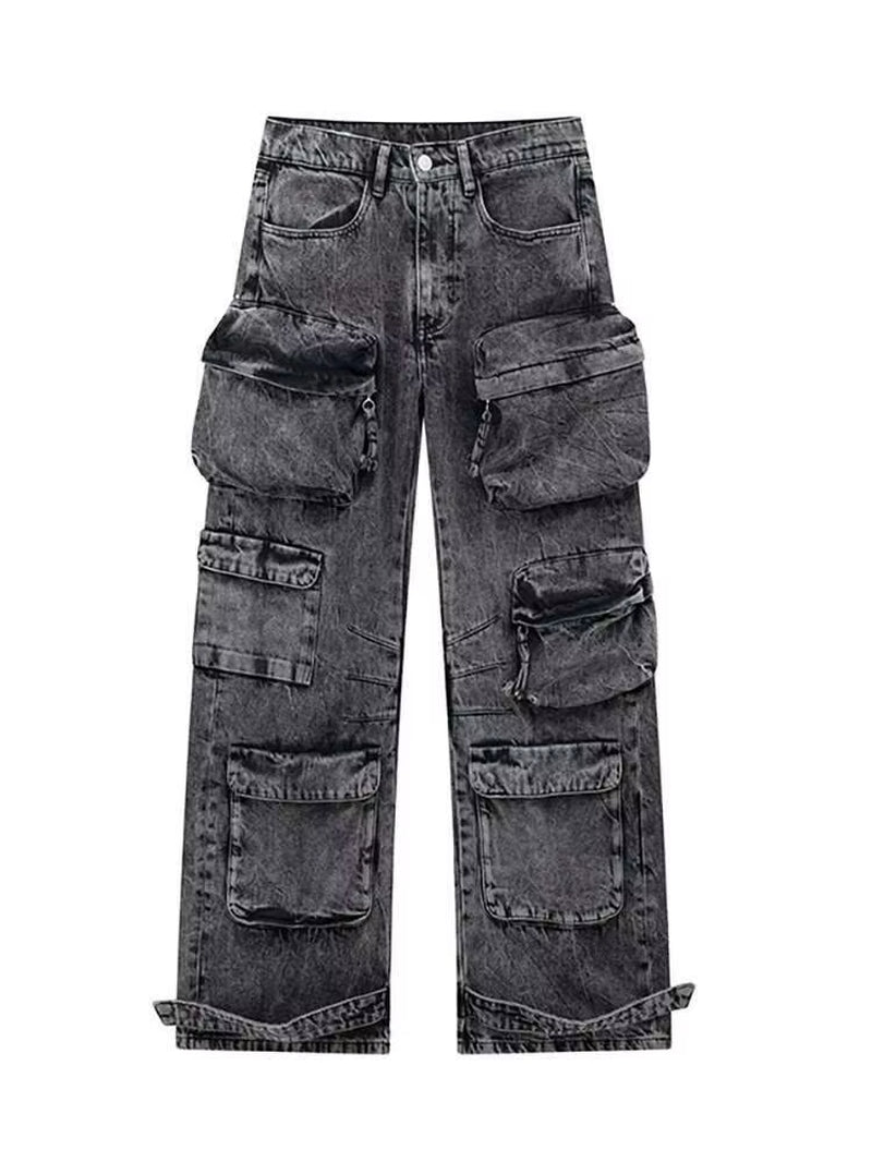 Women'S Jeans High Waist Solid Color Multiple Pockets Straight Wide Leg Cargo Denim Pants 2026 Summer New Fashion 29L6499