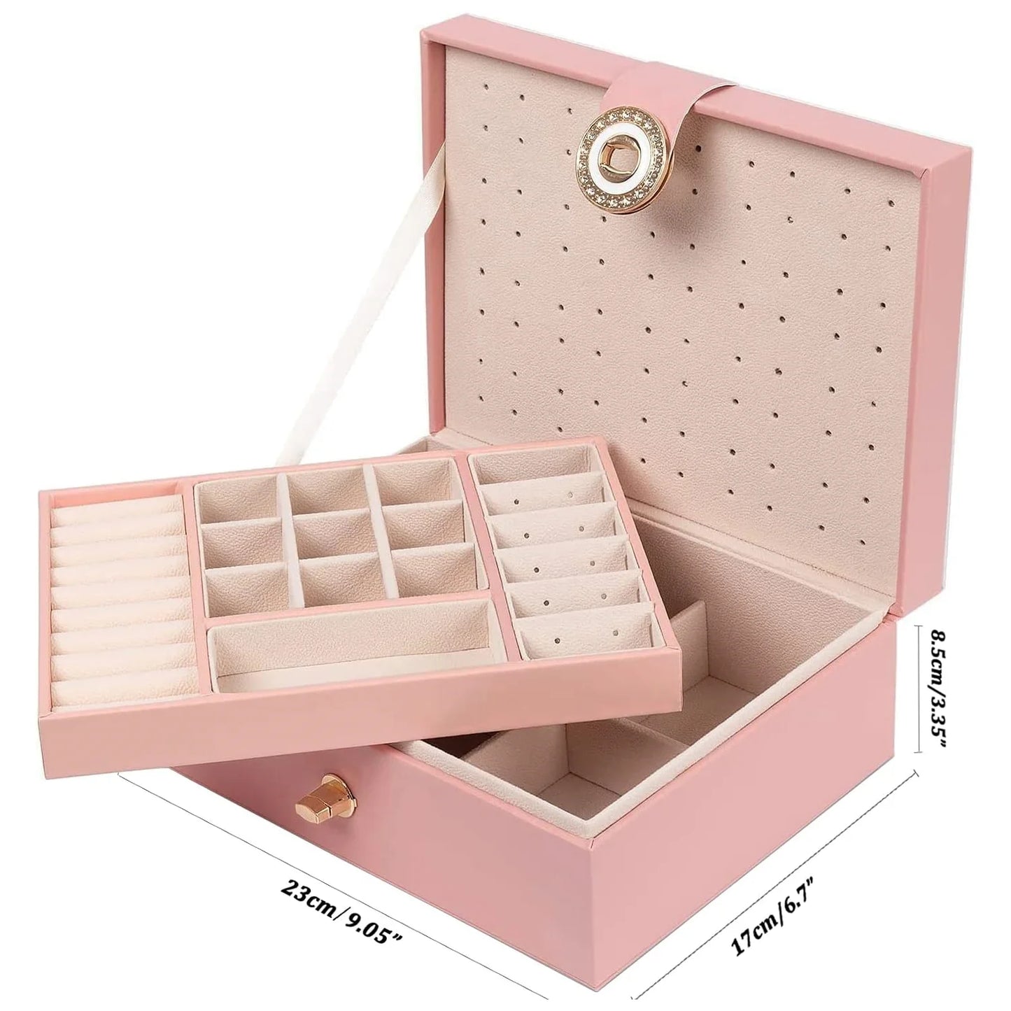 2 Layer Jewelry Empress Box, Versatile Leather Storage for Women in Pink