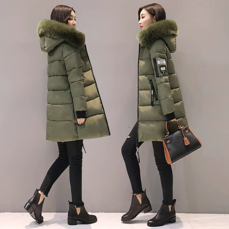 2024 Winter Women Parka Coats Long Cotton Casual Fur Hooded Jackets Thick Warm Slim-Fit Jacket Female Overcoat Clothing