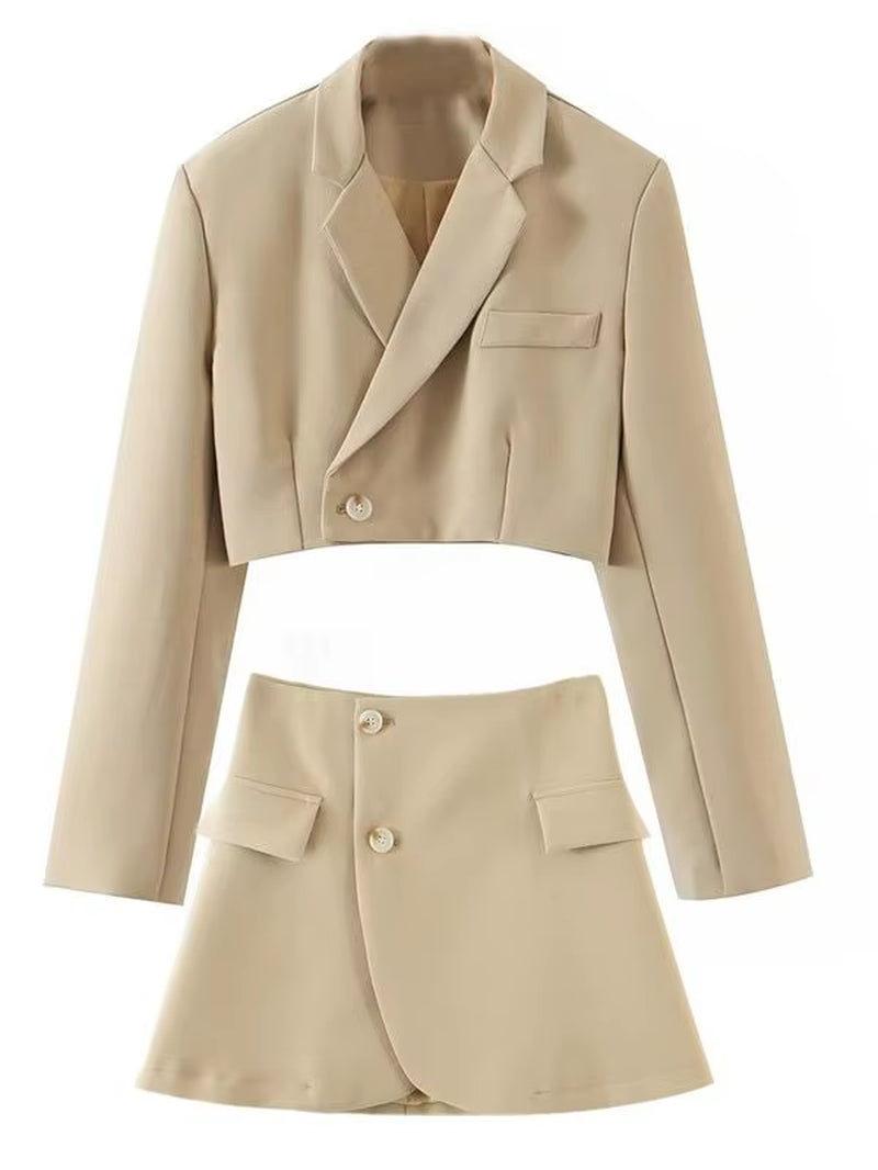 Sexy One Button Short Women Blazer Cropped High Waist Irregular Cross Slit Mini Skirt Long Sleeve Suits 2 Pieces Set Vintage