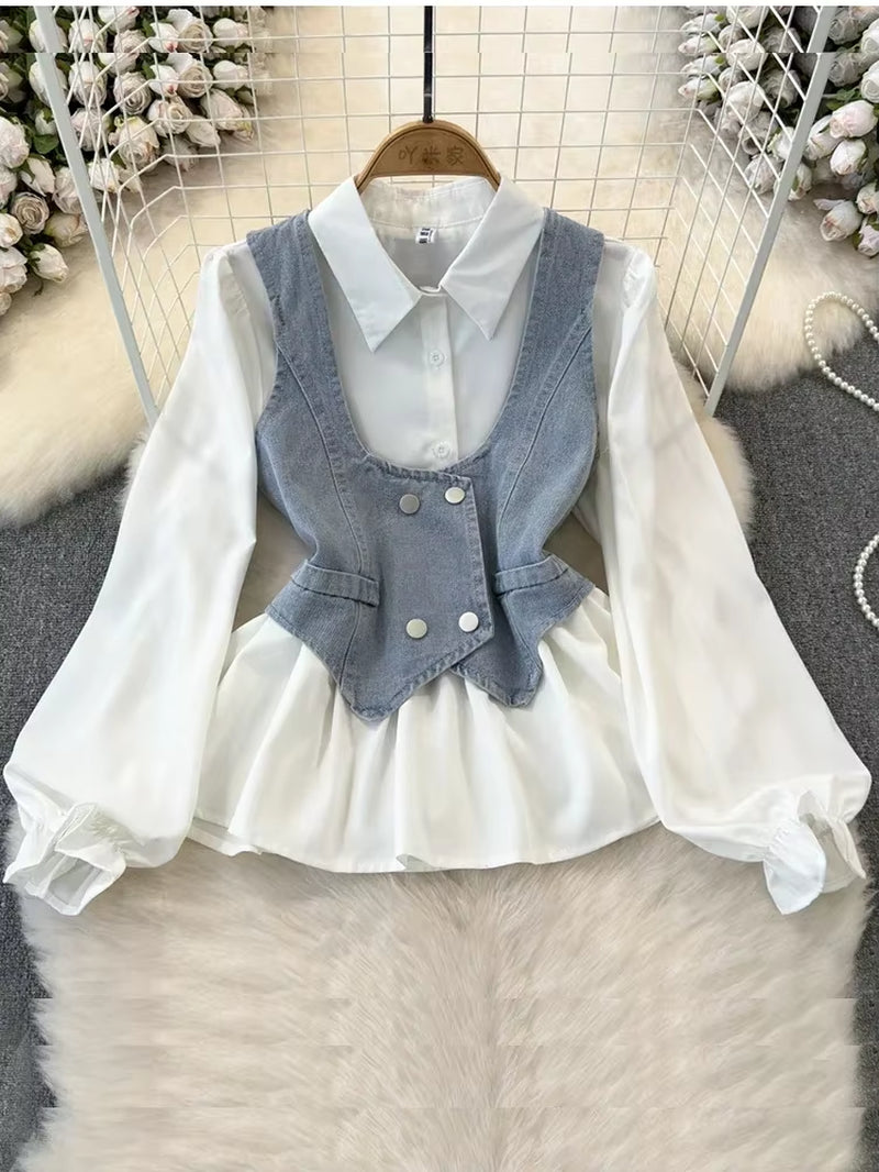 Spring Autumn Women'S Vest Two Piece Set Long Sleeved Waist Lotus Leaf Shirt Two Piece Set Denim Vest Tank Top Women'S Top ML572