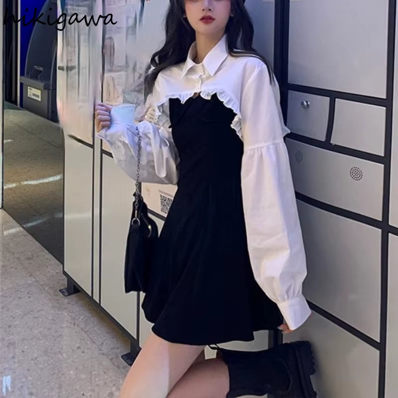 Women Clothing Sets Lantern Sleeve Short Loose Shirts with Black Solid 2025 Korean Fashion Women'S Dress Two Piece Suit