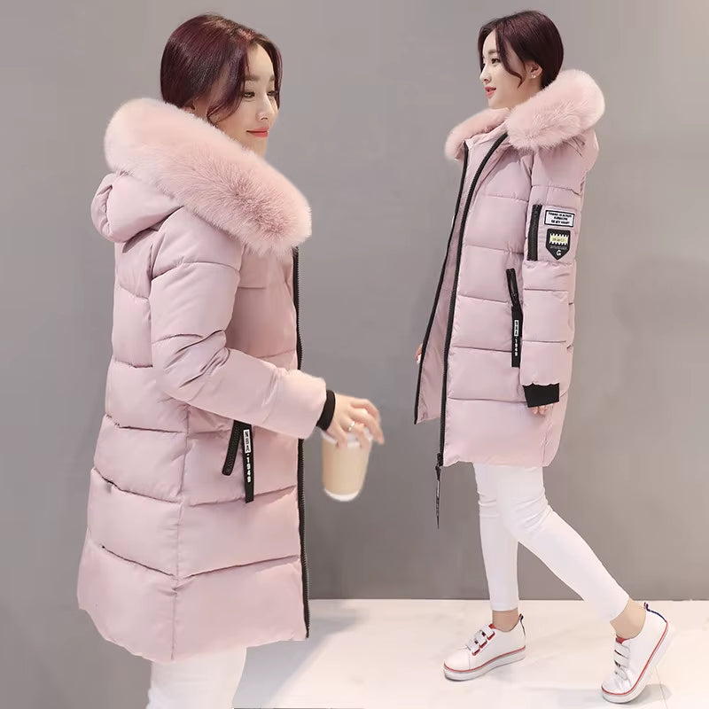 2024 Winter Women Parka Coats Long Cotton Casual Fur Hooded Jackets Thick Warm Slim-Fit Jacket Female Overcoat Clothing