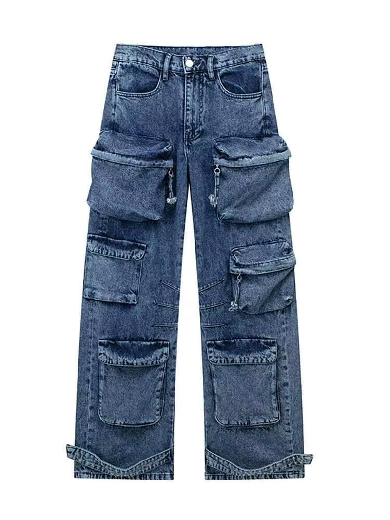 Women'S Jeans High Waist Solid Color Multiple Pockets Straight Wide Leg Cargo Denim Pants 2026 Summer New Fashion 29L6499