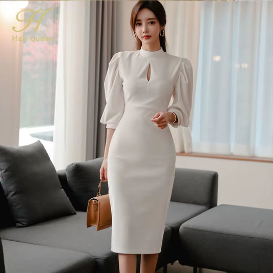 Hot Sale Autumn Fashion Stand Collar Puff Sleeve Female Pencil Bodycon Dress Slim Solid Color Midi Casual Dresses