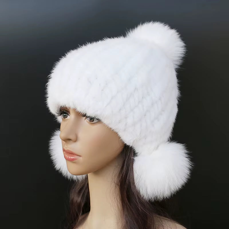 Fashion Women Real Mink Hat Winter Warm Mink Fur Knit Hats Women Fox Fur Ball Cap
