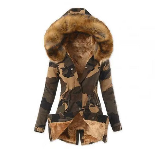 Stay Warm and Stylish: Trendy Thickened Fleece Lined Women’s Camouflage Jacket with Turtleneck and Button Closure
