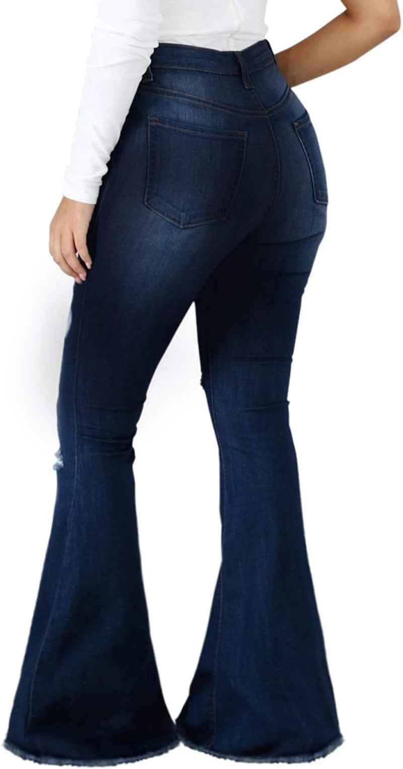 Women Bell Bottom Jeans Elastic Waist Ripped Flared Jean Destroyed Raw Hem Denim Pants