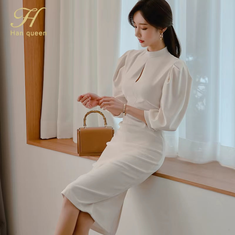 Hot Sale Autumn Fashion Stand Collar Puff Sleeve Female Pencil Bodycon Dress Slim Solid Color Midi Casual Dresses