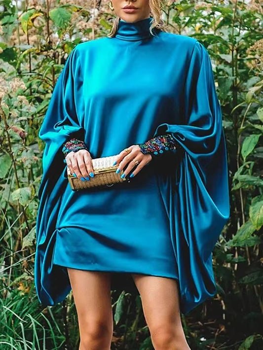 Onecozyday Turtleneck Long Batwing Sleeve Elegant Evening Dress for Women Solid Color Loose Fit above Knee Dress Party Dresses