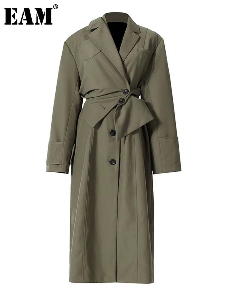 [] Women Green Irregular Big Size Trench New Lapel Long Sleeve Loose Fit Windbreaker Fashion Tide Spring Autumn 2026 1DE2795